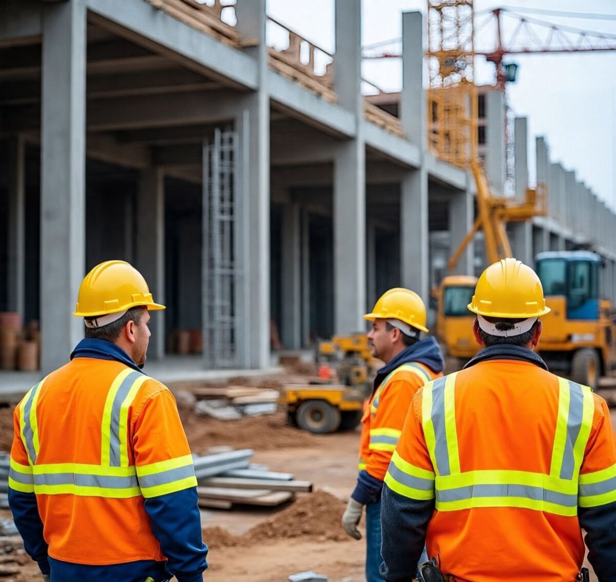 Construction workers at building site in safety gear