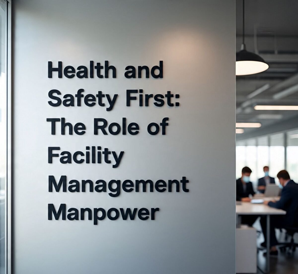 Health and Safety First" text on an office wall with blurred people in the background.