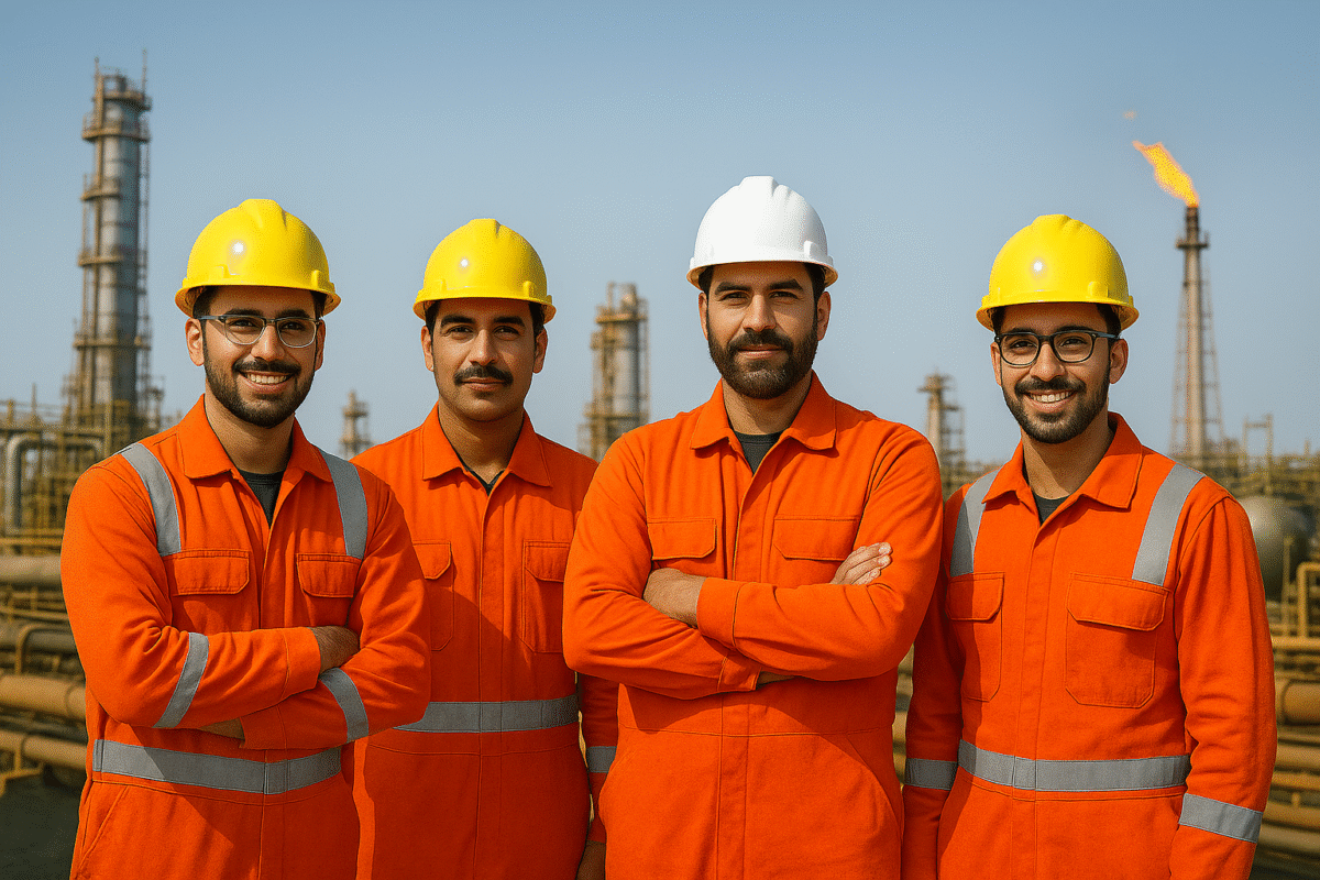 Construction workers in safety gear at an industrial site