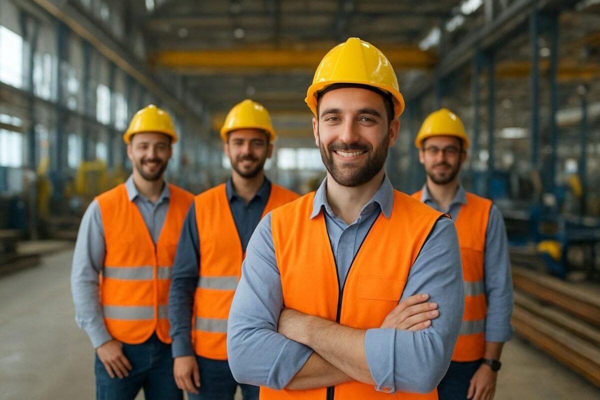 Workers in safety gear inside a manufacturing facility
