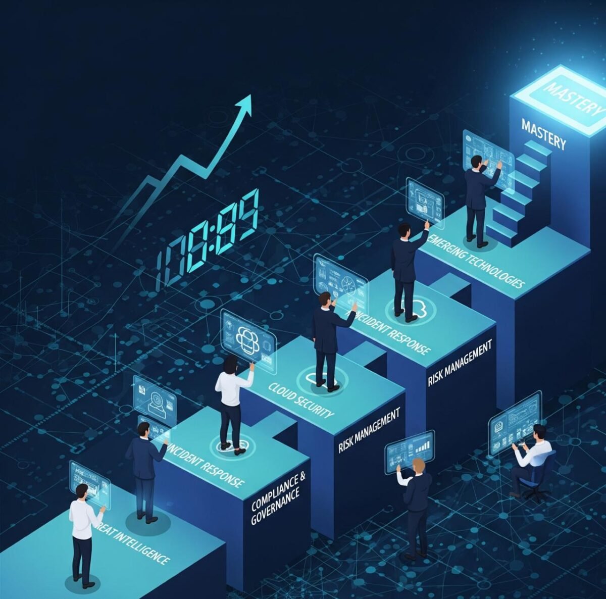 Security professionals advancing through skill development steps to achieve mastery.