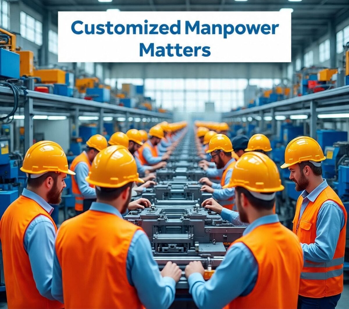 Manufacturing workers in helmets assembling machinery on a production line.